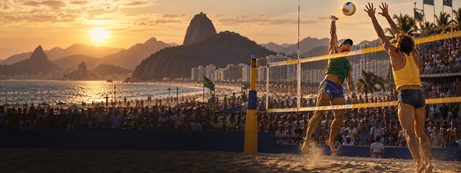 Representação ilustrativa de um jogo de vôlei de praia em Copacabana nos anos 1990