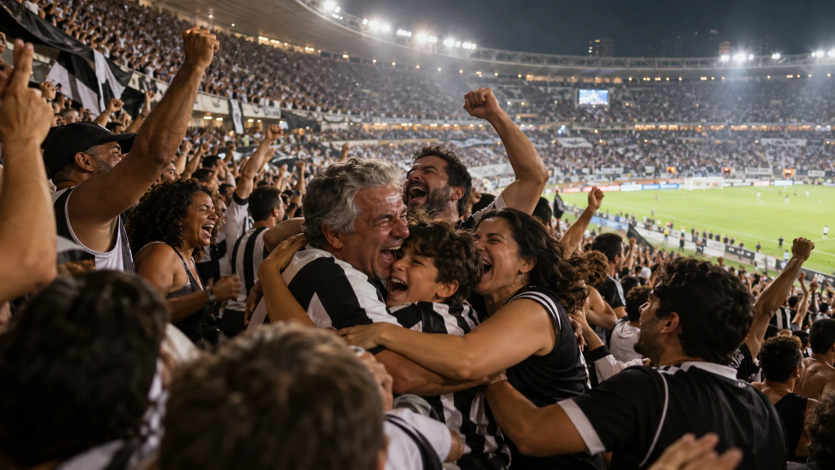 Imagem conceitual de torcedores comemorando juntos em estádio brasileiro