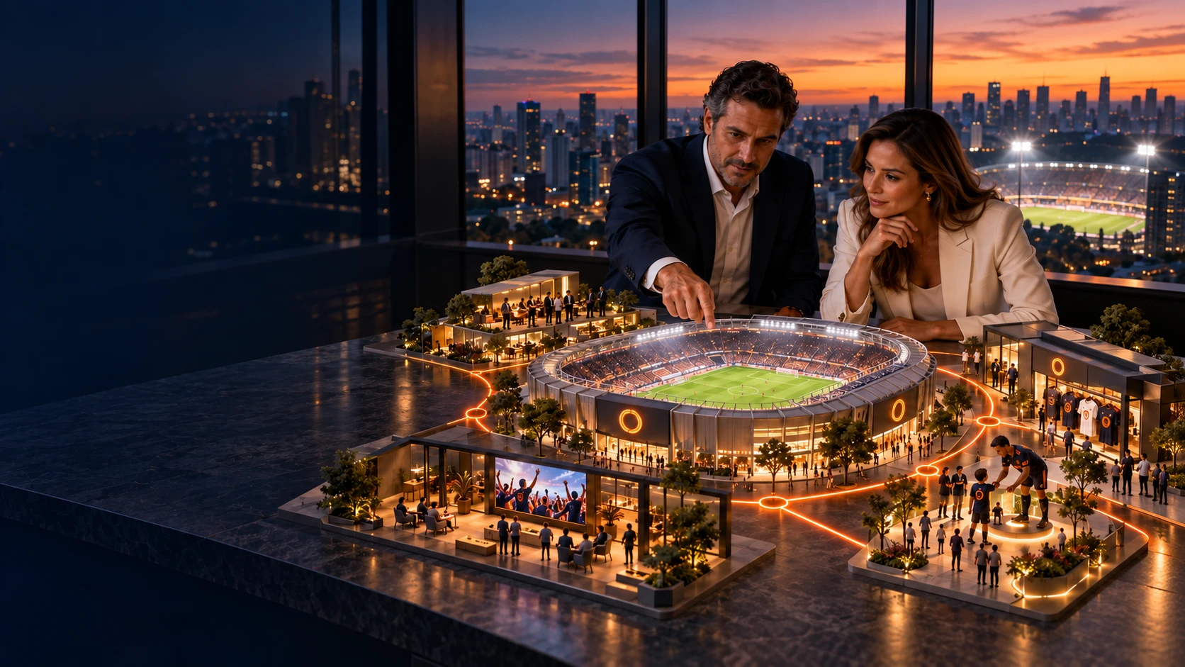 Executivos analisando uma maquete do ecossistema de patrocínio esportivo, com o estádio iluminado na skyline ao fundo